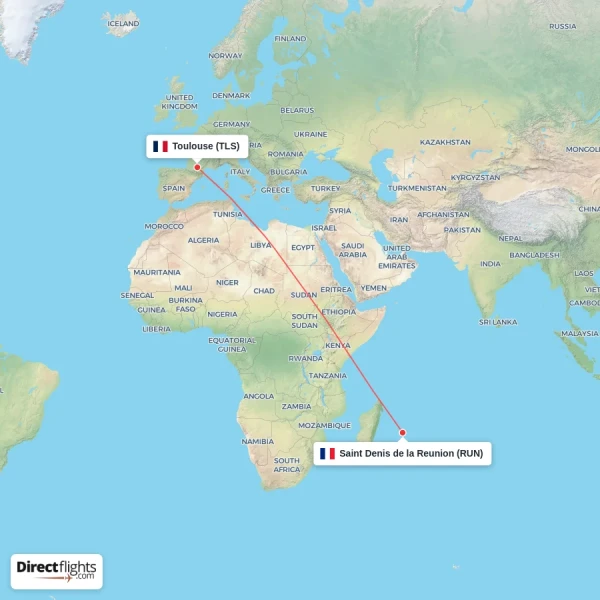 Saint Denis de la Reunion - Toulouse direct flight map