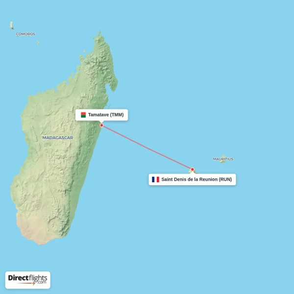 Saint Denis de la Reunion - Tamatave direct flight map