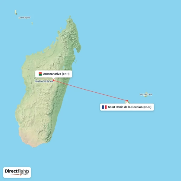 Saint Denis de la Reunion - Antananarivo direct flight map