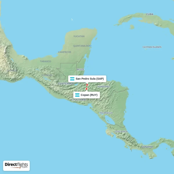 Copan - San Pedro Sula direct flight map