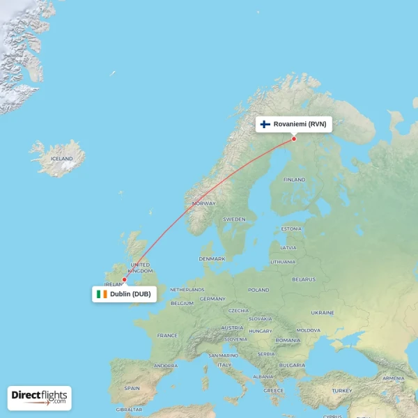Rovaniemi - Dublin direct flight map
