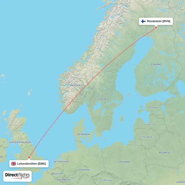 Rovaniemi - Leicestershire direct flight map