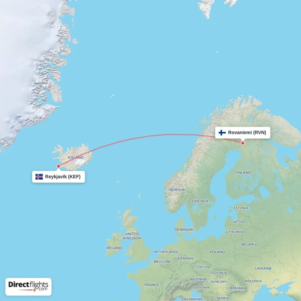 Rovaniemi - Reykjavik direct flight map