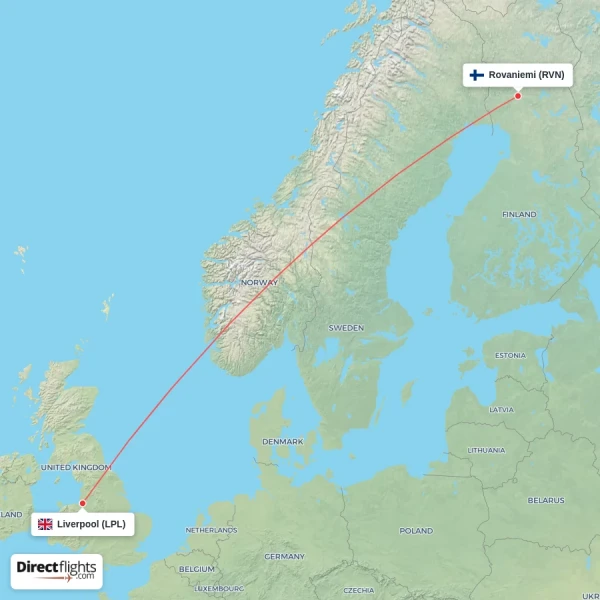 Rovaniemi - Liverpool direct flight map