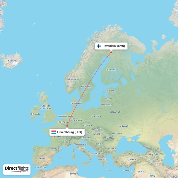 Rovaniemi - Luxembourg direct flight map