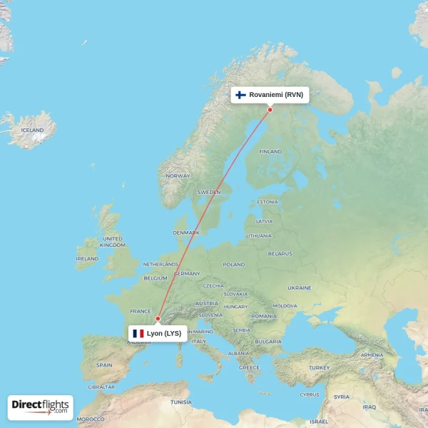 Rovaniemi - Lyon direct flight map