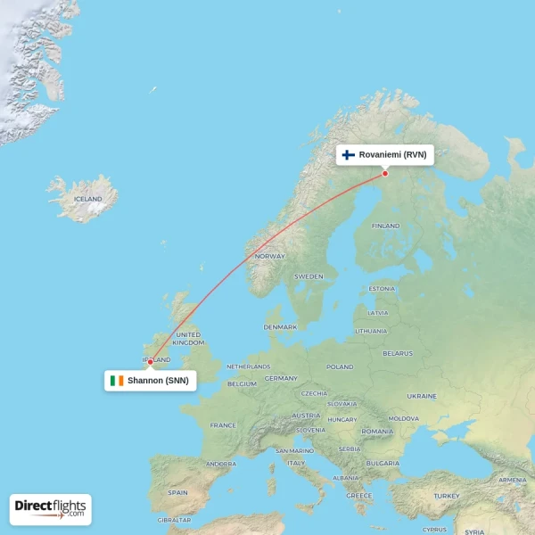 Rovaniemi - Shannon direct flight map