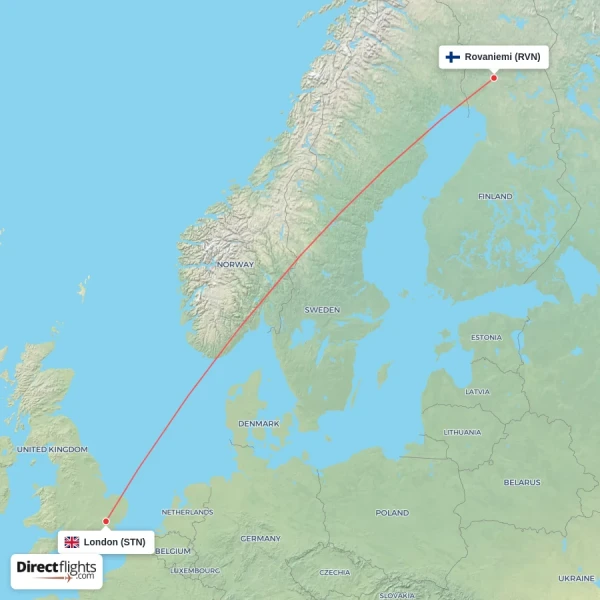 Rovaniemi - London direct flight map