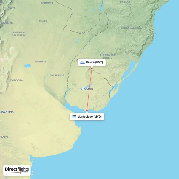Rivera - Montevideo direct flight map