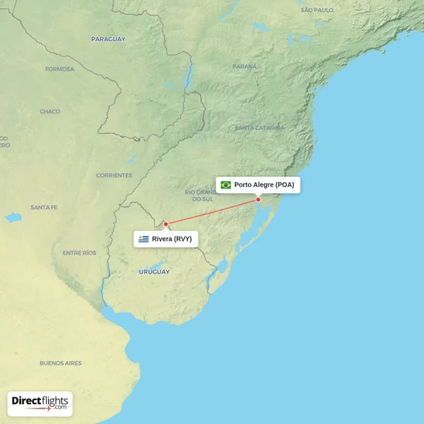 Rivera - Porto Alegre direct flight map