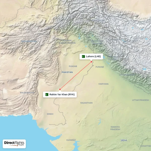 Rahim Yar Khan - Lahore direct flight map