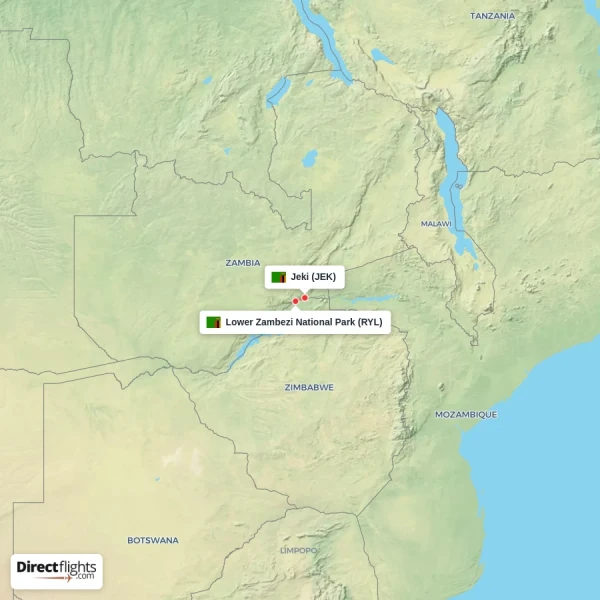 Lower Zambezi National Park - Jeki direct flight map