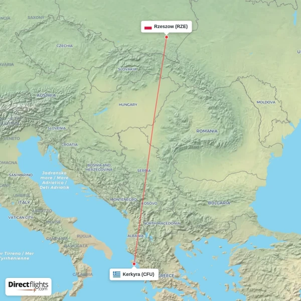 Rzeszow - Kerkyra direct flight map