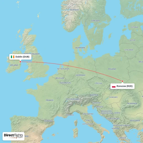 Rzeszow - Dublin direct flight map