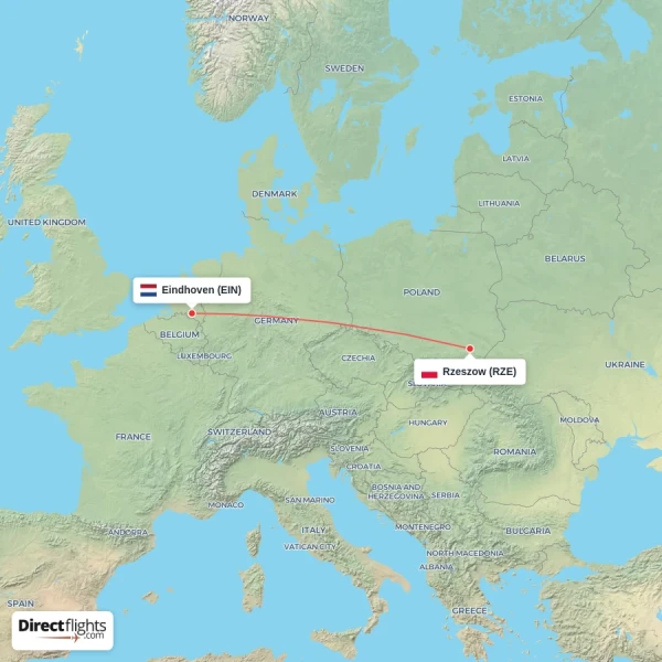 Rzeszow - Eindhoven direct flight map