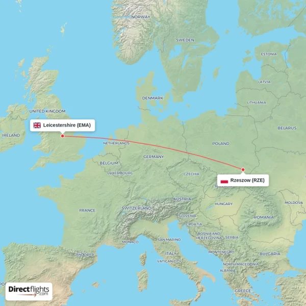 Rzeszow - Leicestershire direct flight map