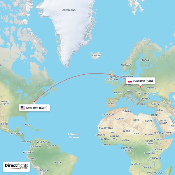 Rzeszow - New York direct flight map