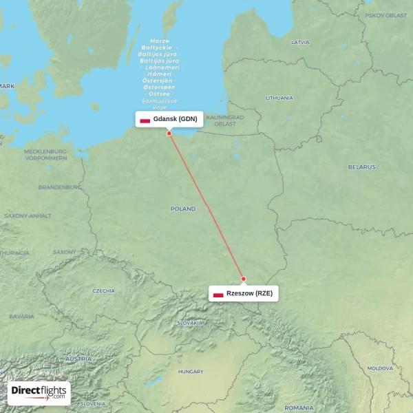 Rzeszow - Gdansk direct flight map