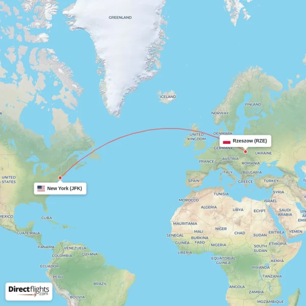 Rzeszow - New York direct flight map
