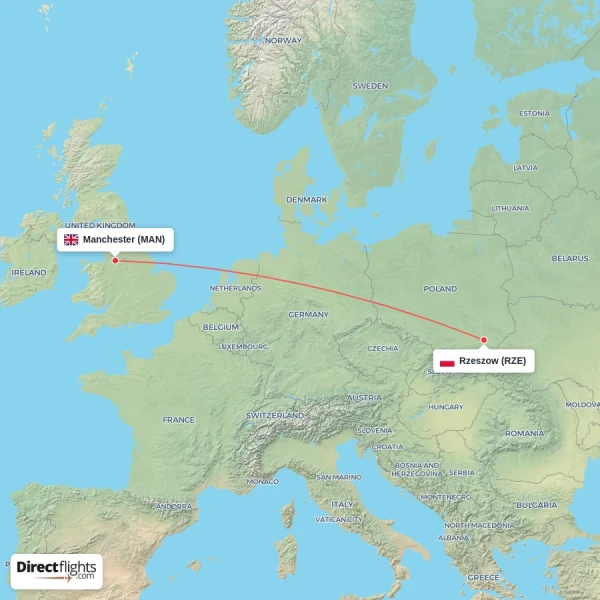 Rzeszow - Manchester direct flight map