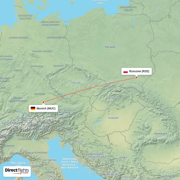 Rzeszow - Munich direct flight map