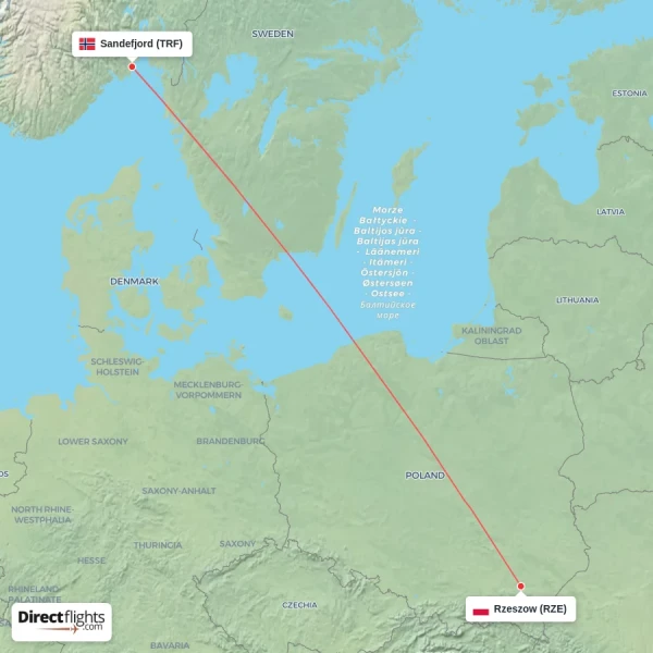 Rzeszow - Sandefjord direct flight map
