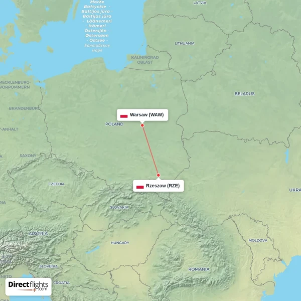 Rzeszow - Warsaw direct flight map