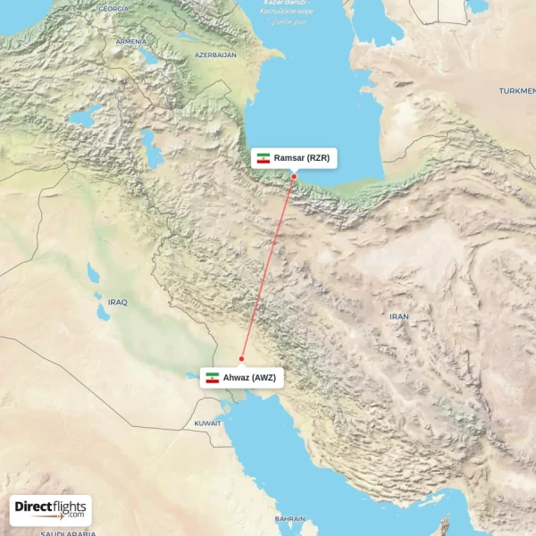 Ramsar - Ahwaz direct flight map