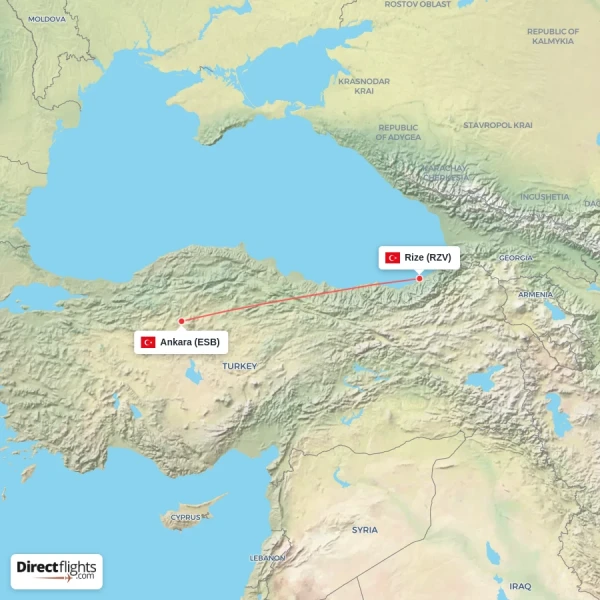 Rize - Ankara direct flight map