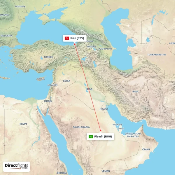Rize - Riyadh direct flight map