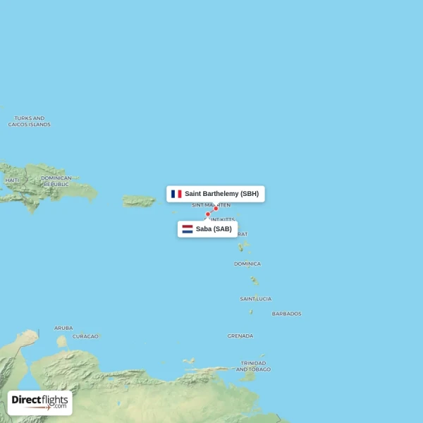 Saba - Saint Barthelemy direct flight map