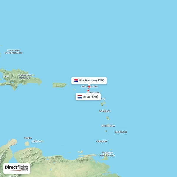 Saba - Sint Maarten direct flight map