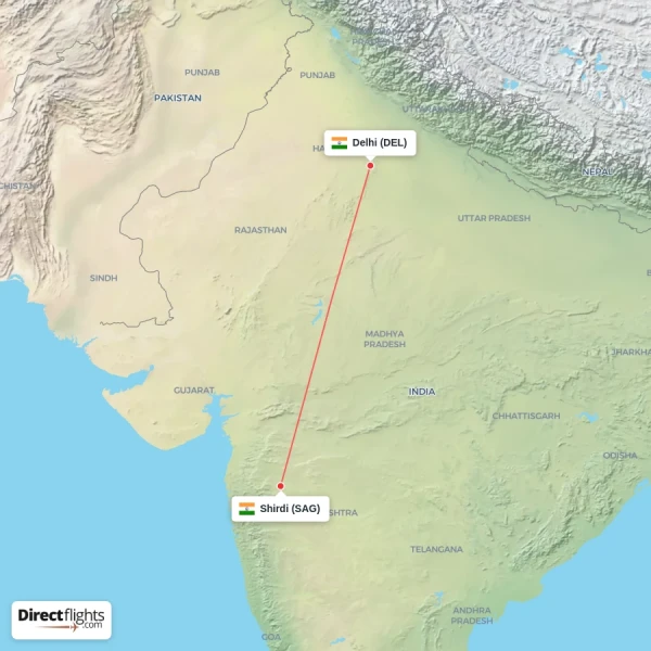 Shirdi - Delhi direct flight map