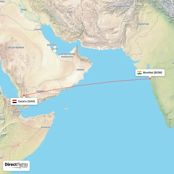 Sana'a - Mumbai direct flight map