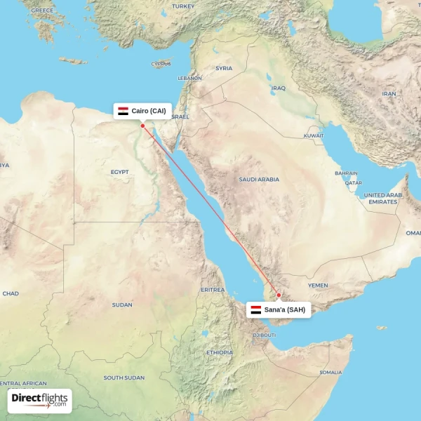 Sana'a - Cairo direct flight map