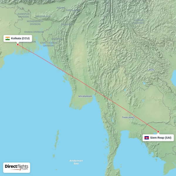 Siem Reap - Kolkata direct flight map