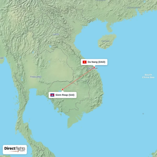 Siem Reap - Da Nang direct flight map