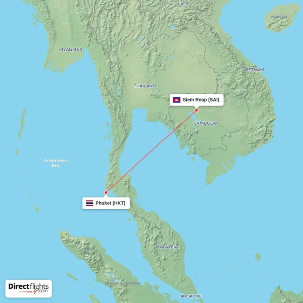 Siem Reap - Phuket direct flight map