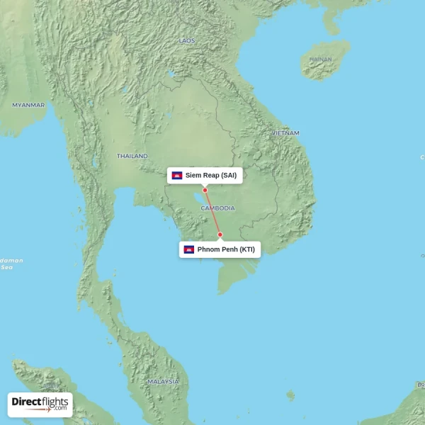 Siem Reap - Phnom Penh direct flight map