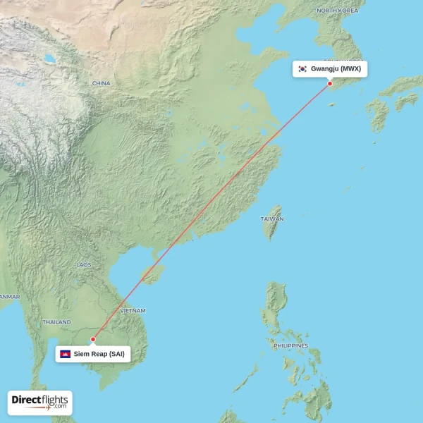 Siem Reap - Gwangju direct flight map