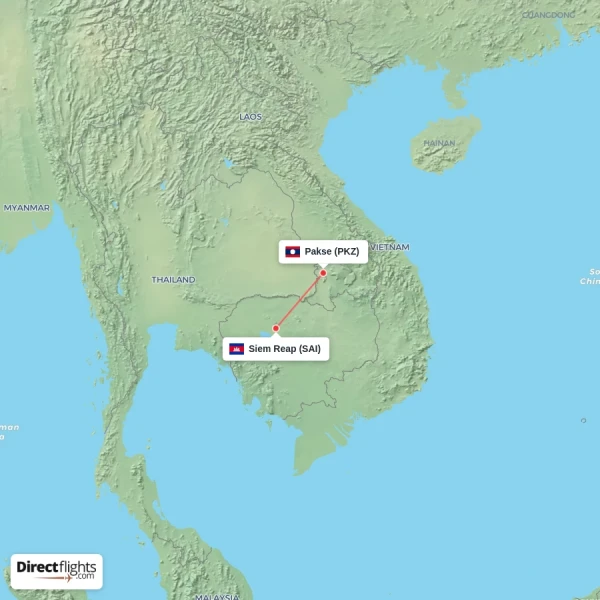 Siem Reap - Pakse direct flight map