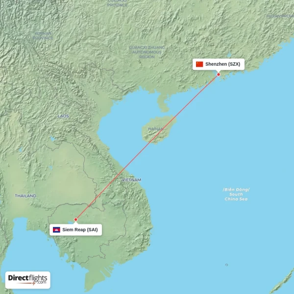 Siem Reap - Shenzhen direct flight map