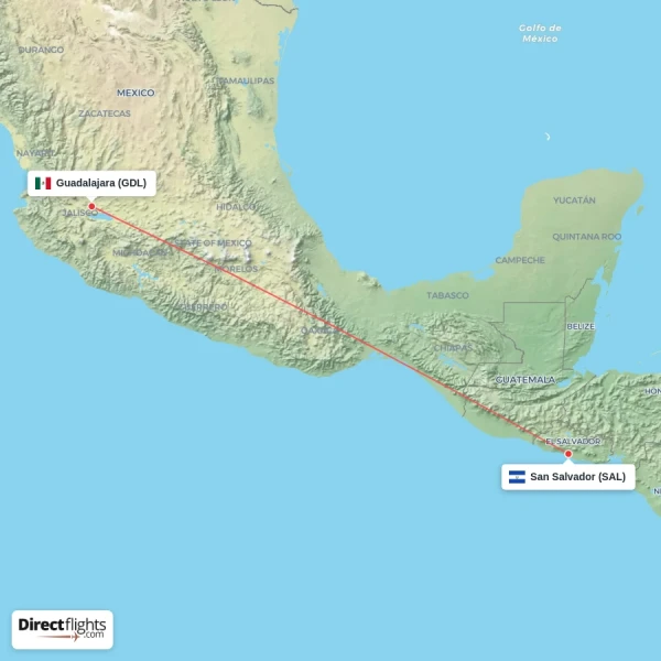 San Salvador - Guadalajara direct flight map