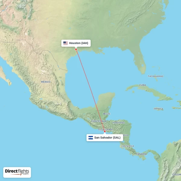 San Salvador - Houston direct flight map