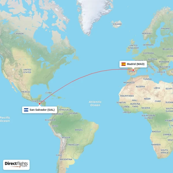 San Salvador - Madrid direct flight map