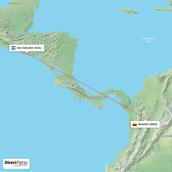 San Salvador - Medellin direct flight map
