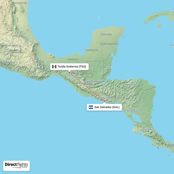 San Salvador - Tuxtla Gutierrez direct flight map