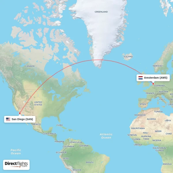 San Diego - Amsterdam direct flight map