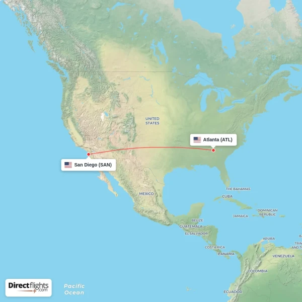 San Diego - Atlanta direct flight map