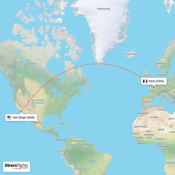 San Diego - Paris direct flight map